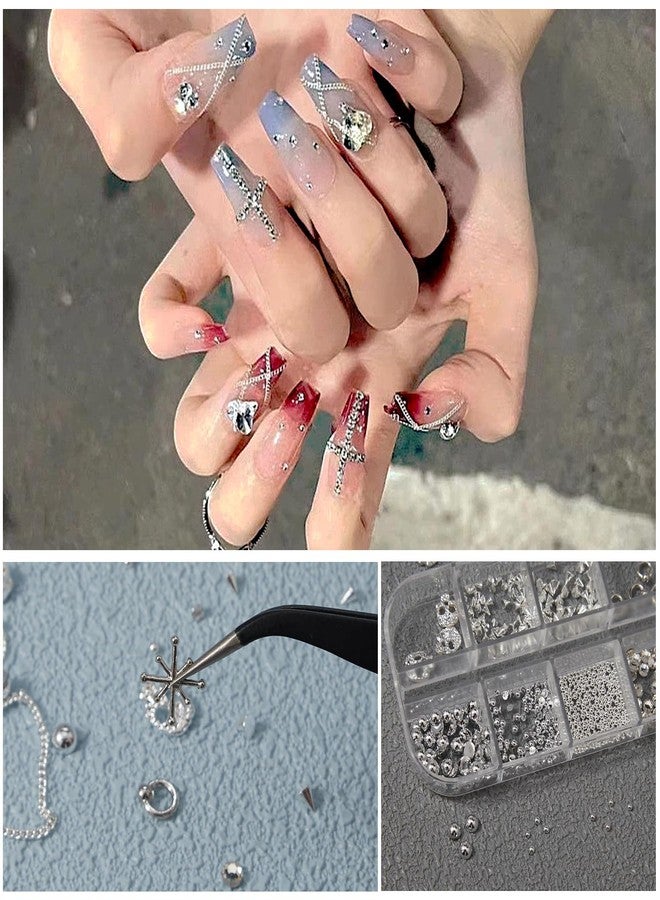 SILPECWEE 2 Boxes Halloween Nail Charms, 3d Punk Nail Charms and Rhinestones Gems, Skull Pumpkin Star Chains Nails Design Metal Cone Spike Rivet Stud Manicure Jewelry for DIY Decoration - Image 5